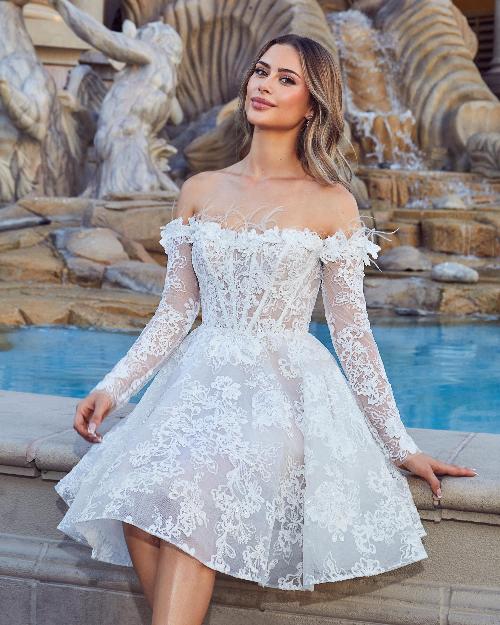 Aa2407 long sleeve short wedding dress with feathers and corset back1